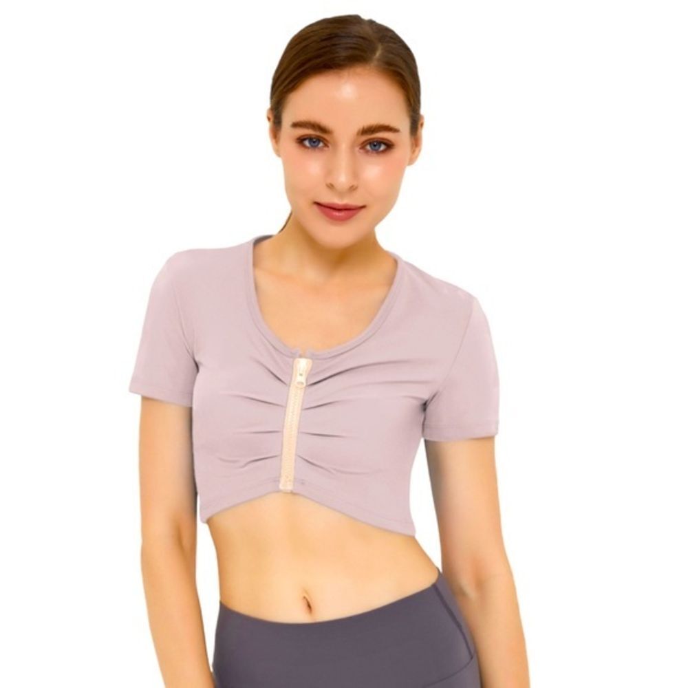 Halara Scoop Neck Zip Front Ruched Cropped Sports Workout Mauve Gray Size M NWT